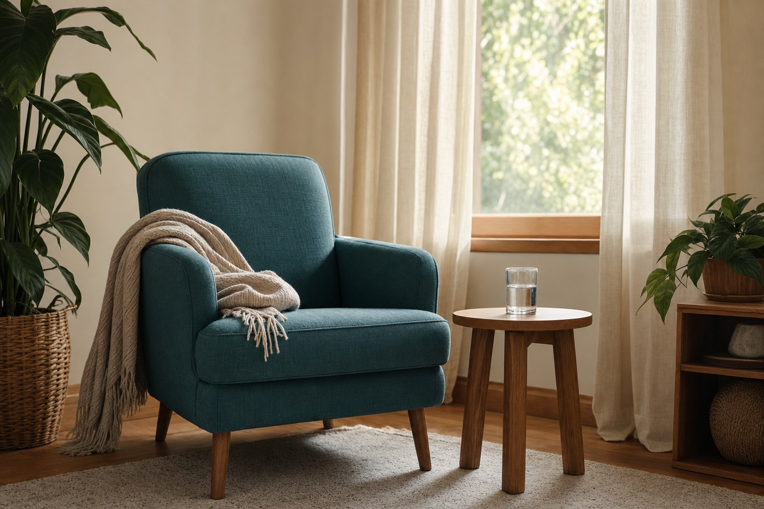 A teal armchair with a folded blanket beside a water glass, plant, and softly lit window.