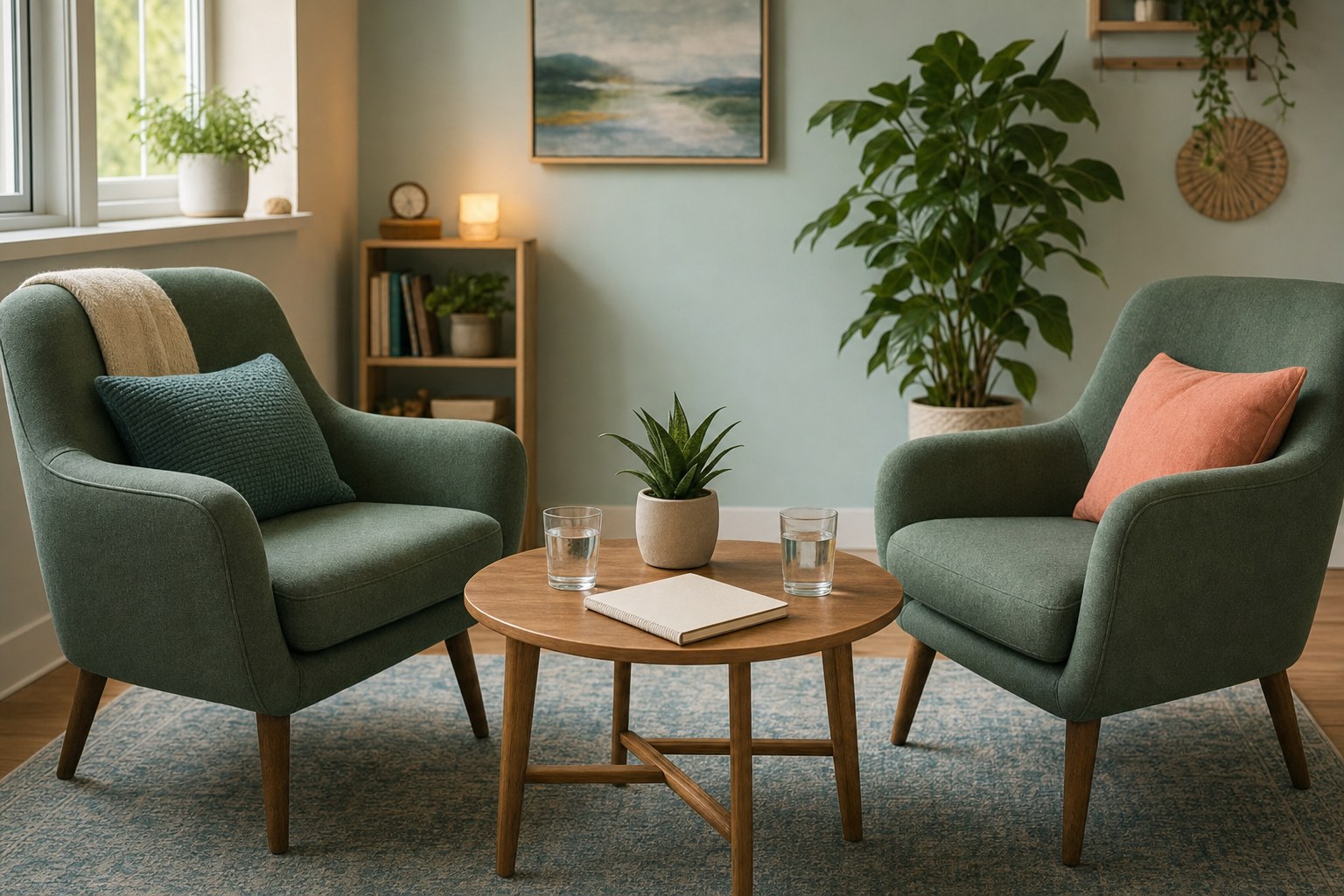Two green armchairs facing each other with water glasses, a notebook, and a small plant in a counseling room.