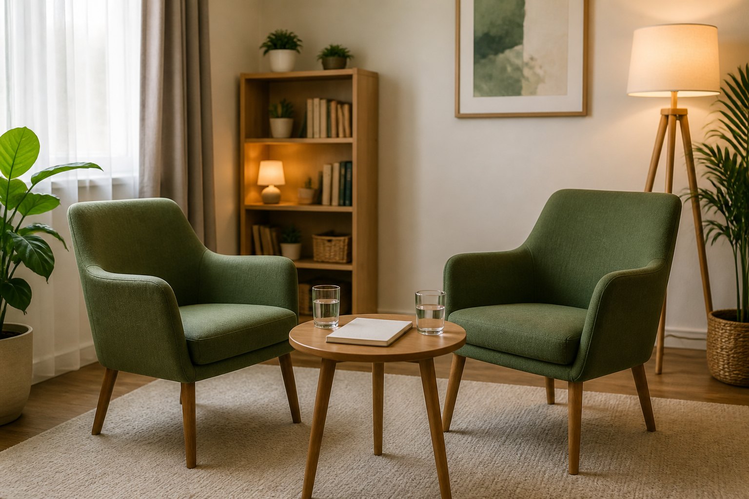 Two green armchairs facing each other with water glasses and a notebook in a warm counseling room.