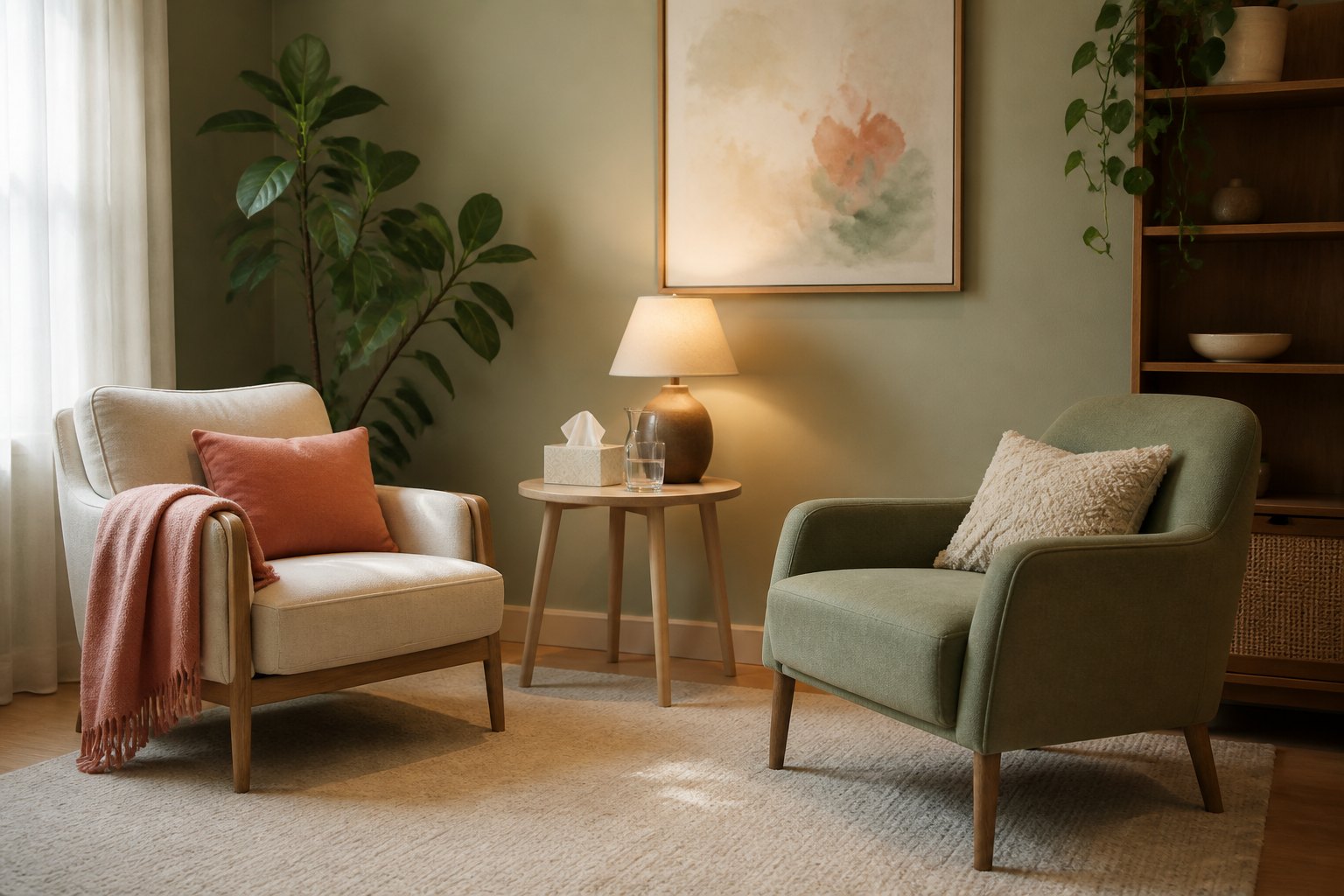 Two comfortable armchairs in a softly lit counseling room with a small table, tissue box, water, and plants.