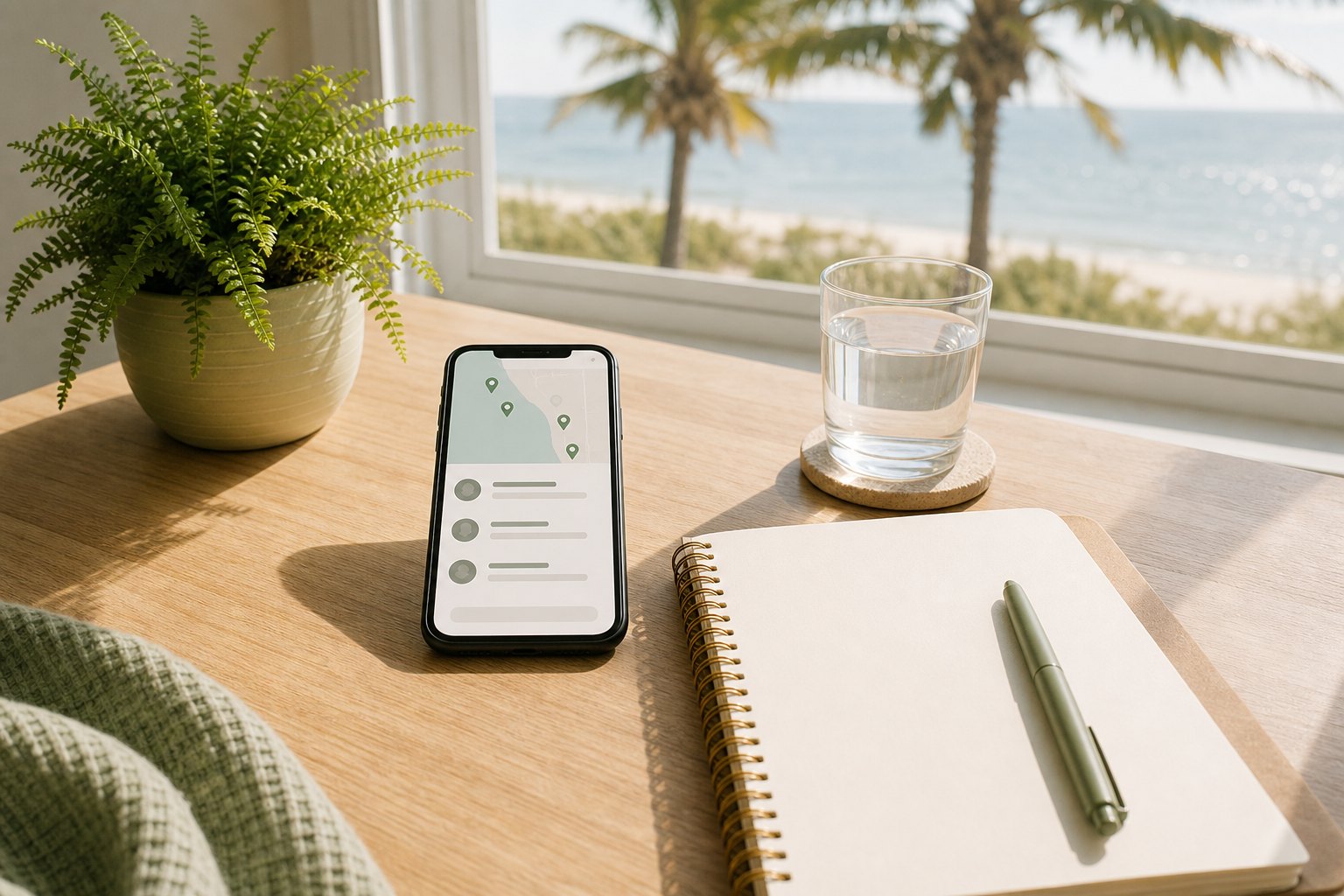 A phone showing a generic Florida therapist search beside a blank notebook and water glass by a sunny window.