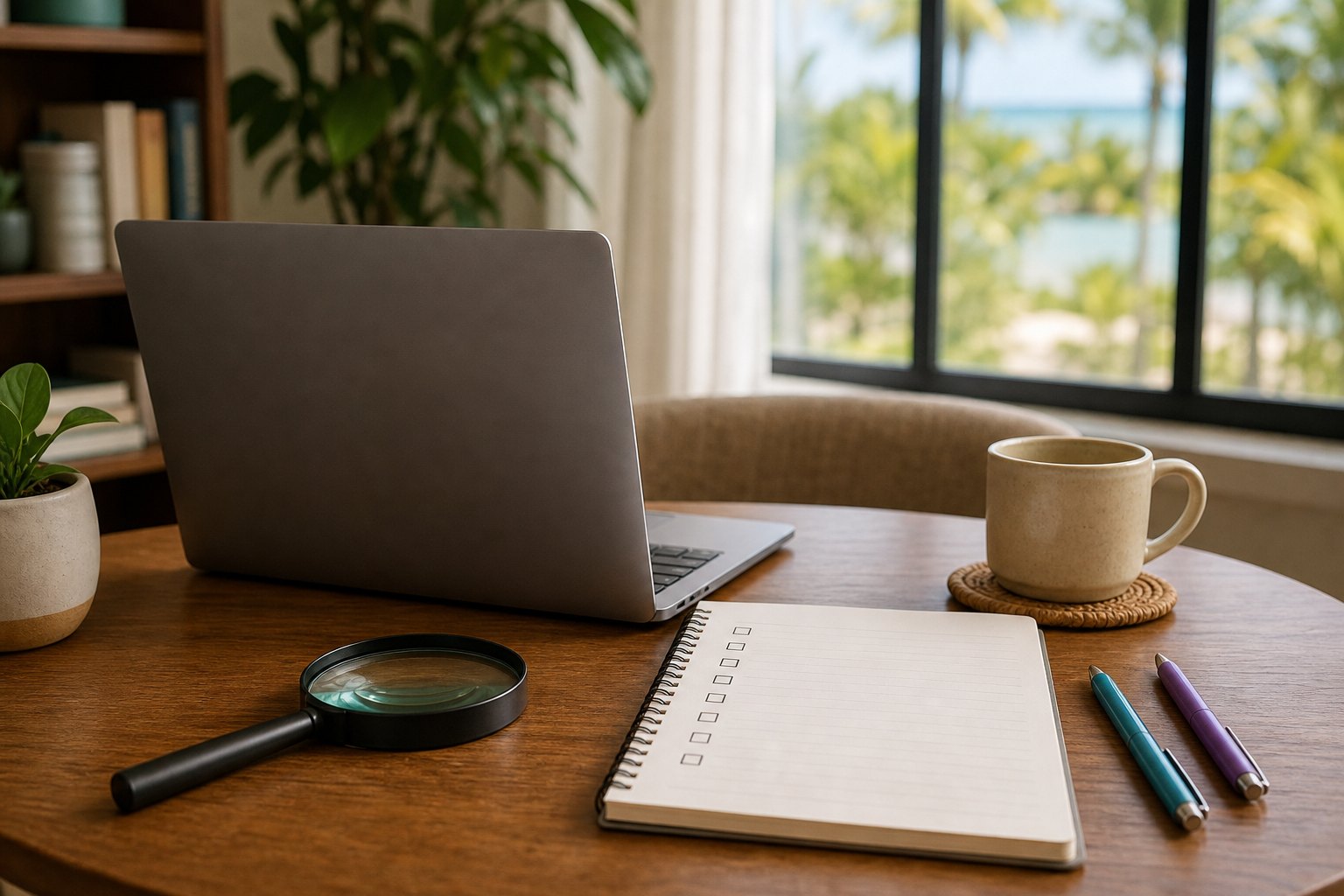 A laptop, blank checklist notebook, magnifying glass, and pens arranged on a warm wooden table.