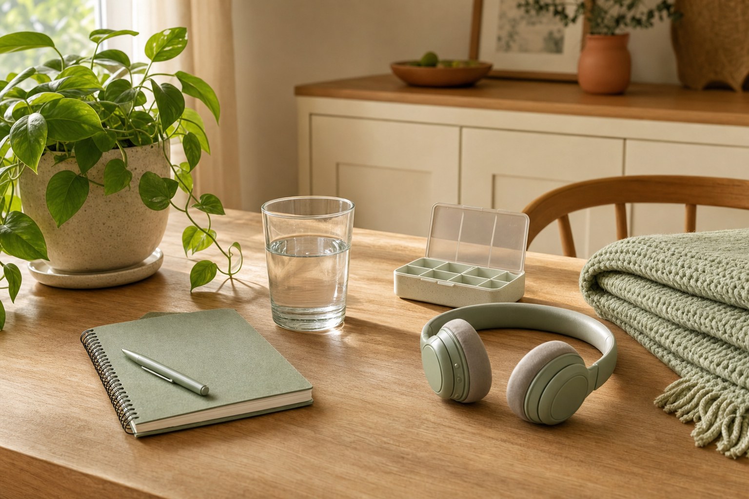 A notebook, glass of water, headphones, folded blanket, and plant on a sunlit kitchen table.