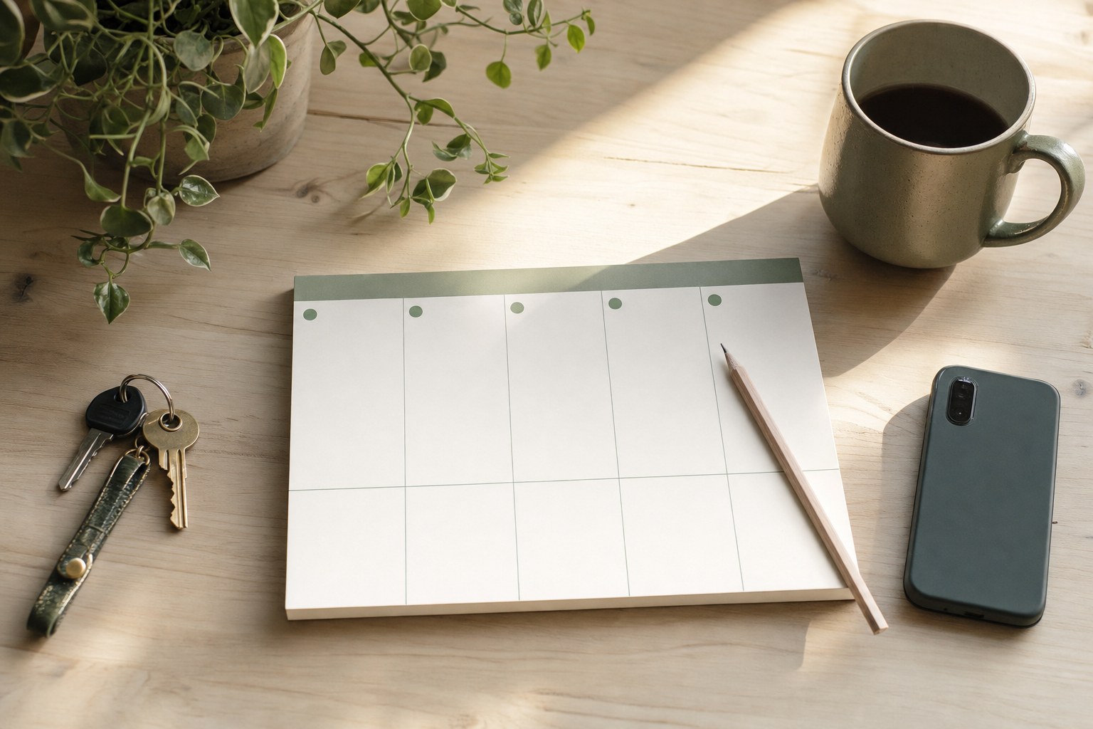 A blank weekly planner, pencil, keys, phone, and coffee on a sunlit wood table.