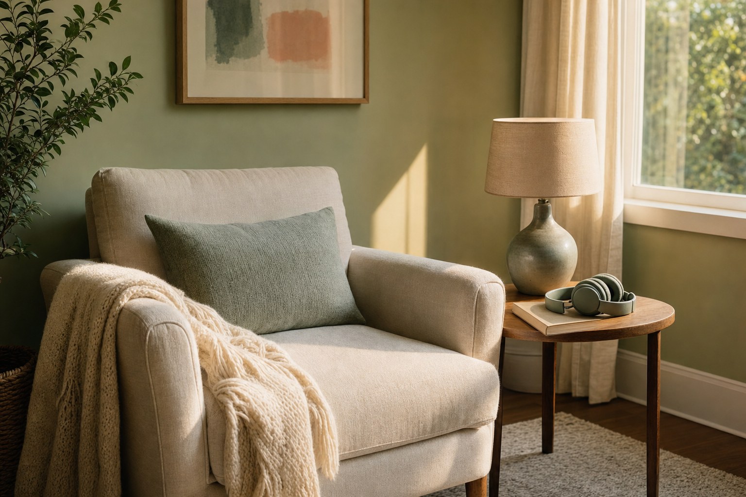 A quiet armchair with a blanket, lamp, plant, and headphones beside it.