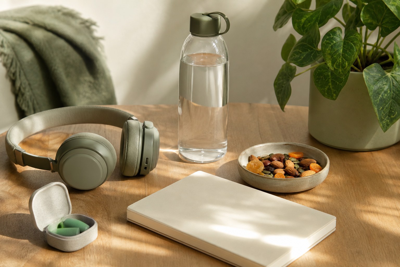 Headphones, a water bottle, earplugs, a snack, and a blank notebook on a wood table.