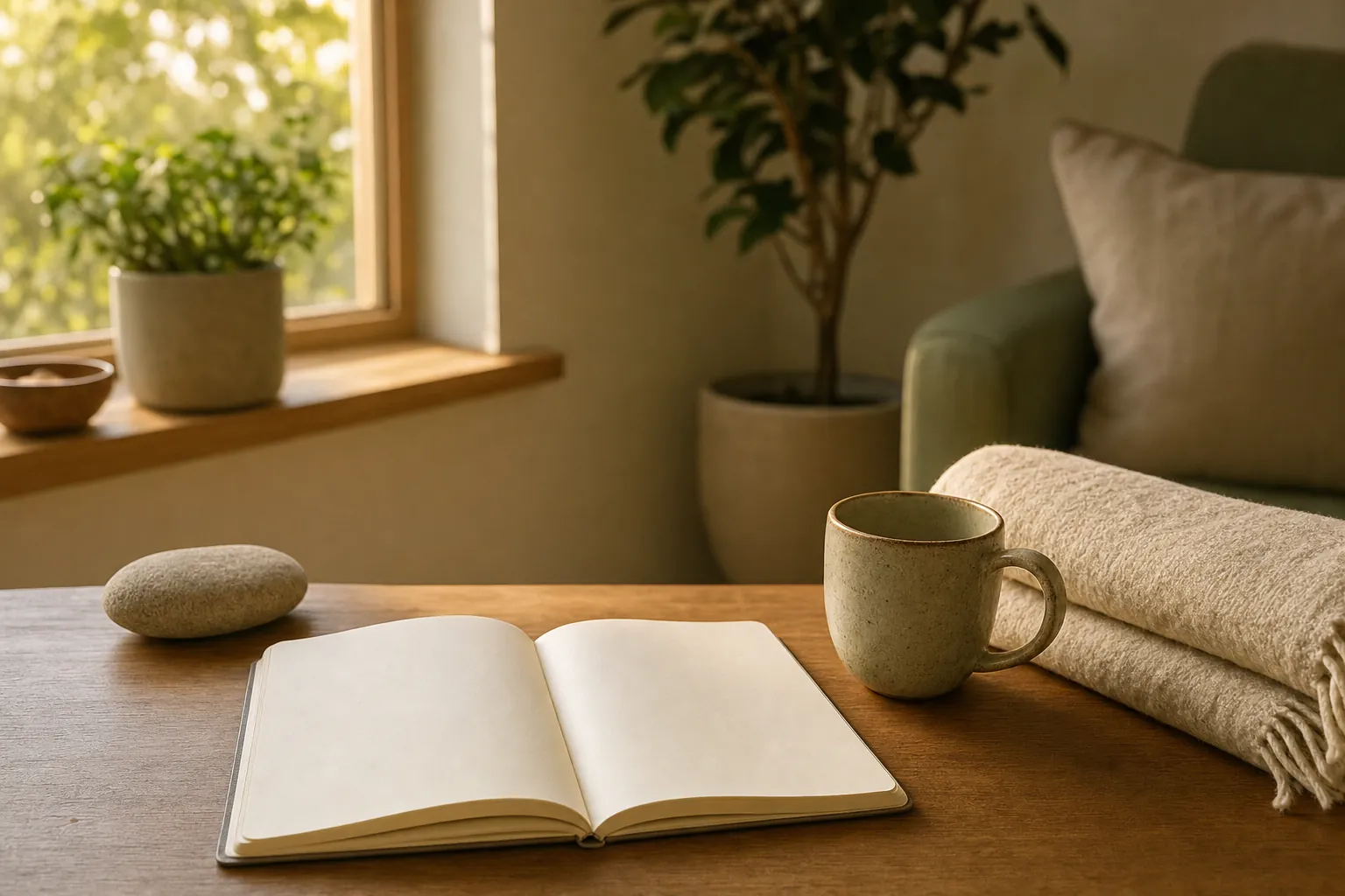 Blank notebook, mug, folded blanket, and river stone in soft window light.