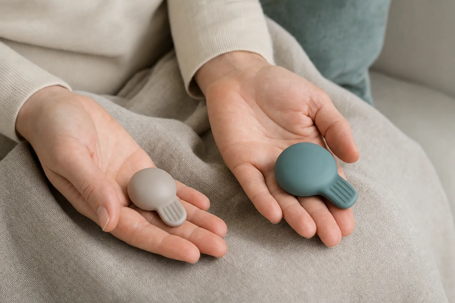 Hands holding two small tactile tappers used for alternating bilateral stimulation.