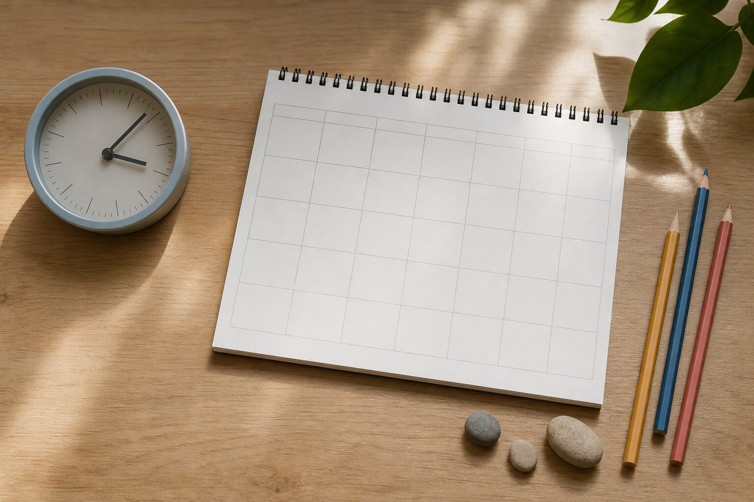 A blank weekly planner, clock, colored pencils, and smooth stones on a wood desk.