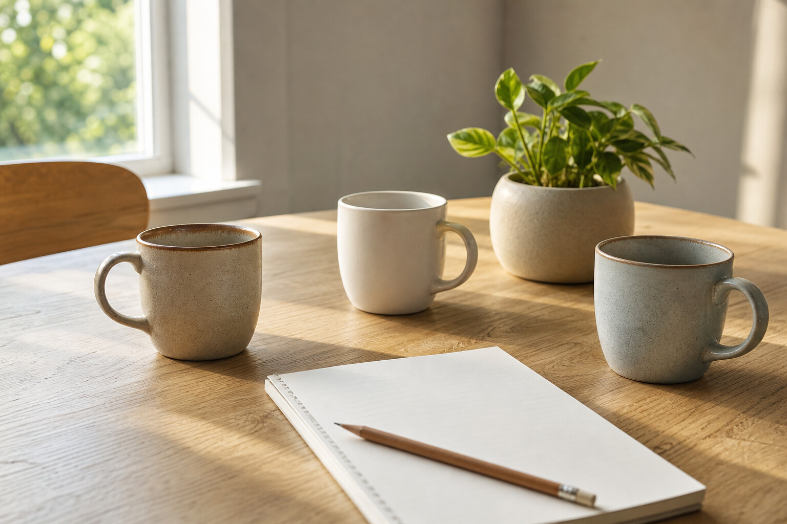 Three ceramic mugs, a blank notebook, and a leafy plant on a sunlit wood table.