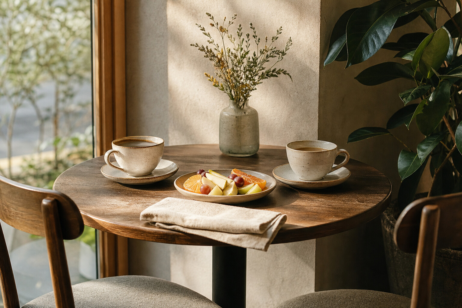 A round table set with two tea cups, fruit, and a folded linen napkin by a window.