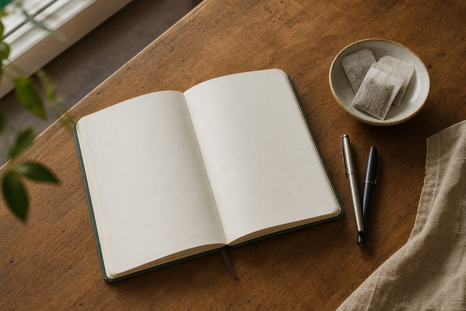 An open blank notebook, pens, and tea bags on a warmly lit wood table.