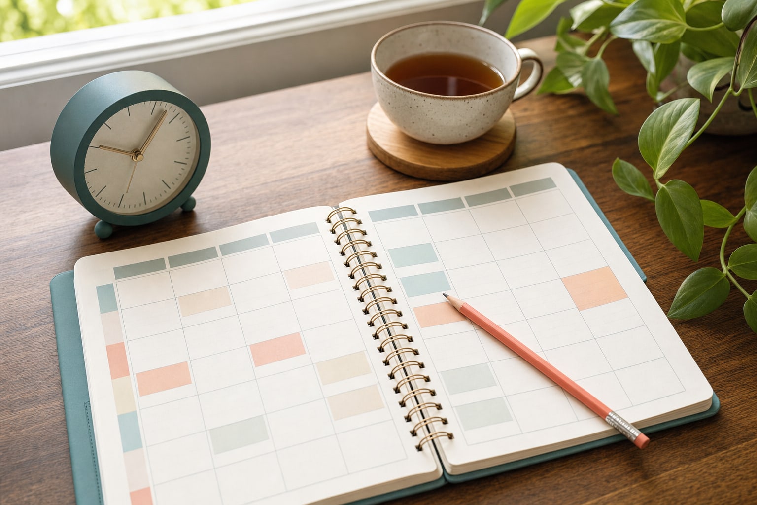 A blank weekly planner, a coral pencil, a cup of tea, and a small clock on a wooden desk.