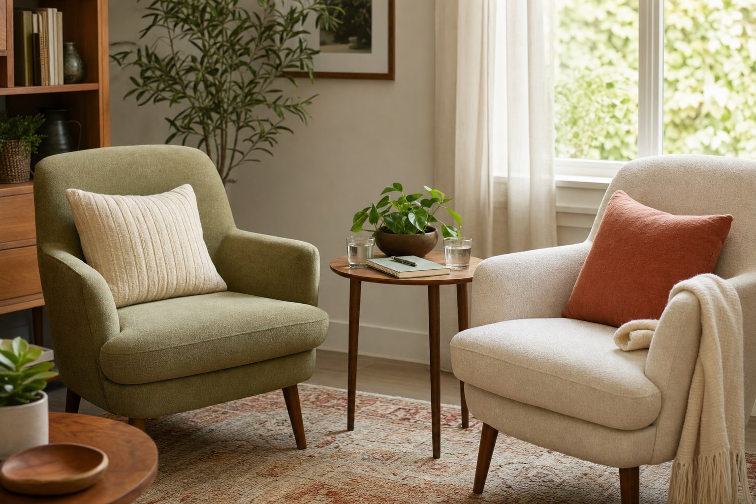 Two green chairs angled toward each other with water glasses, a notebook, and a small plant between them.