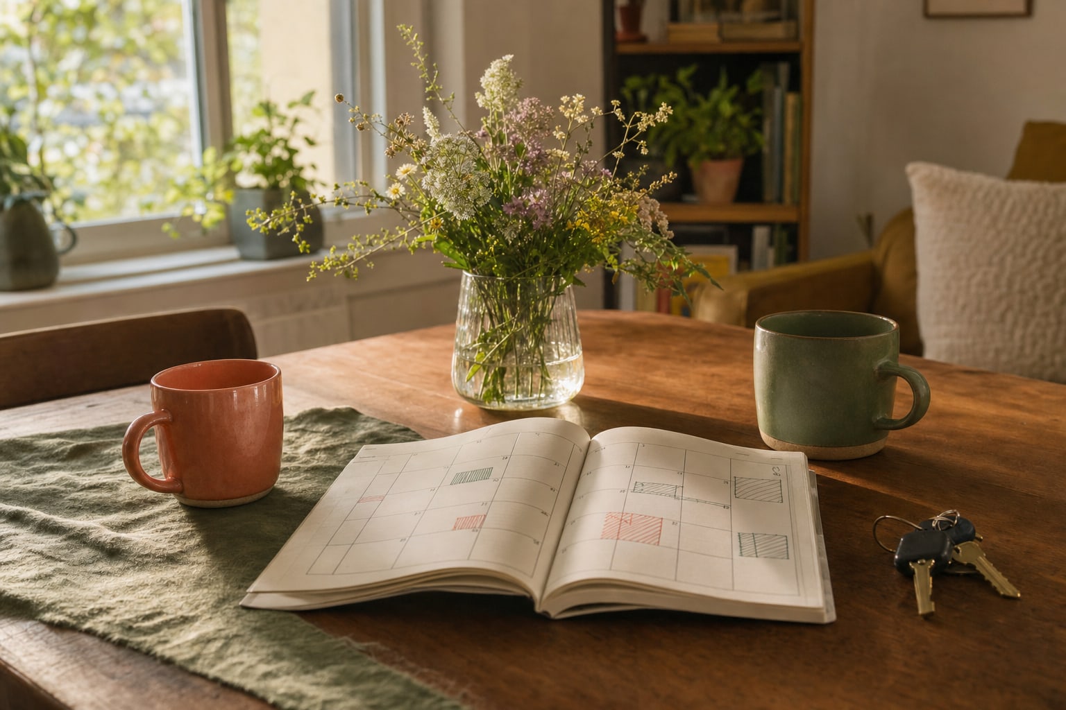 Two mugs, an open calendar, flowers, and keys on a sunlit wooden table.