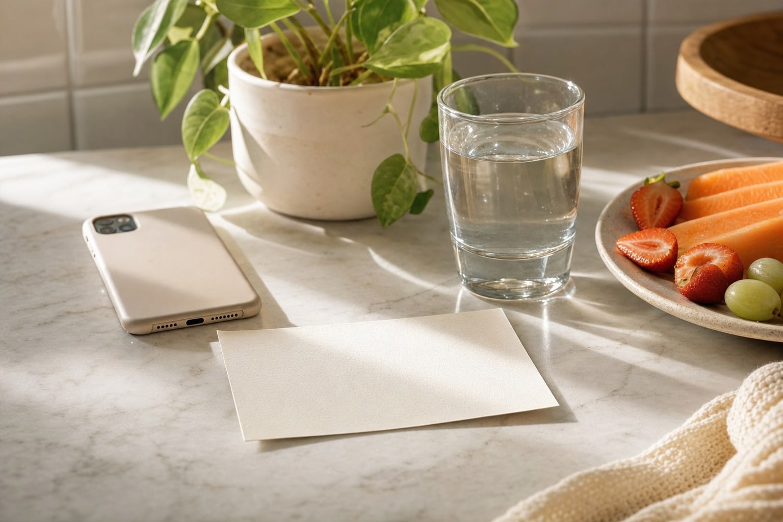 A phone face down beside a glass of water, fruit, a blank note card, and a small plant on a kitchen counter.