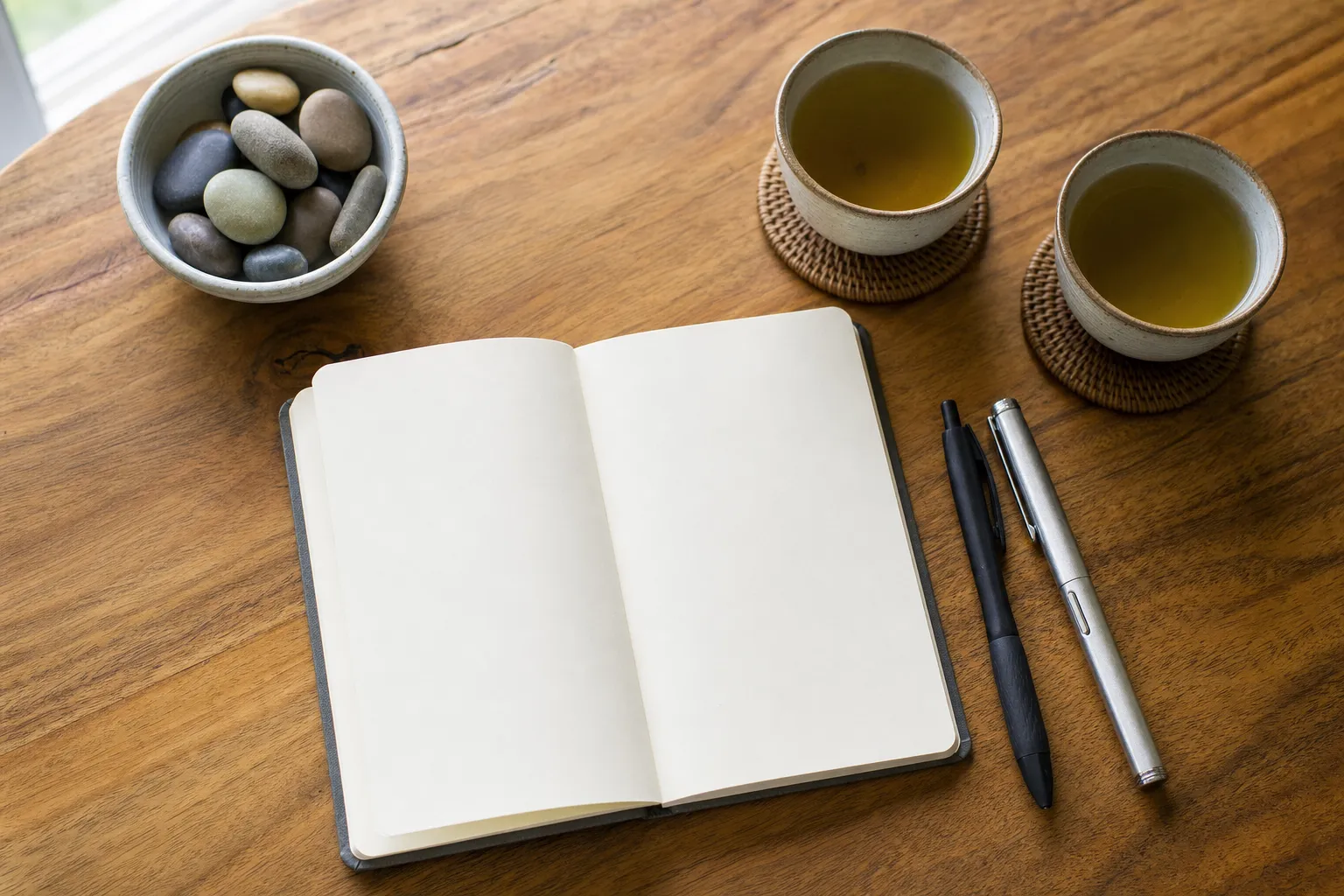 A blank notebook with two pens, tea, and a bowl of smooth stones on a wooden table.