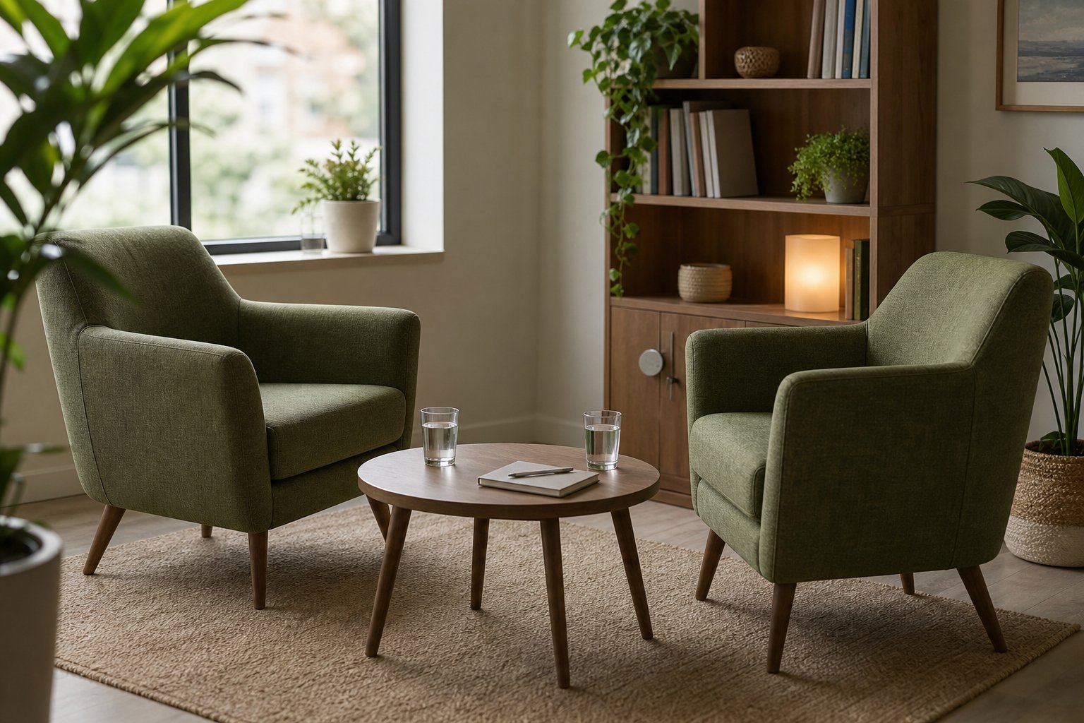 Two green armchairs facing each other with water glasses and a notebook on a small table between them.