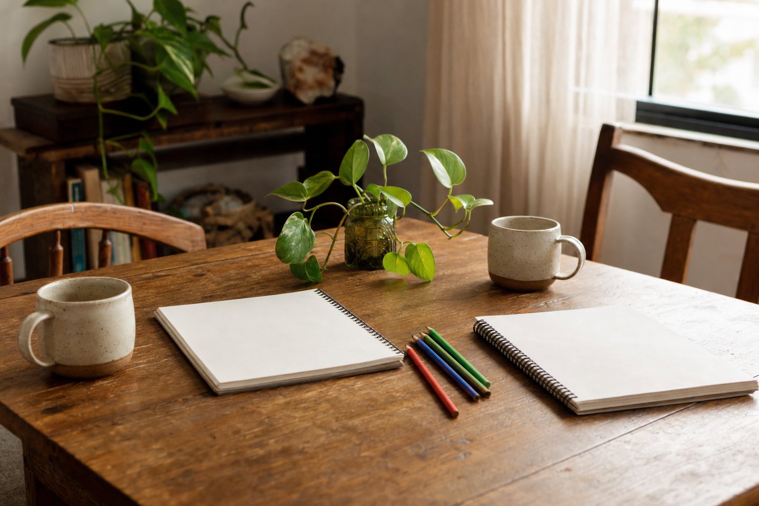 Two blank notebooks, pencils, mugs, and a small plant on a sunlit wooden table.