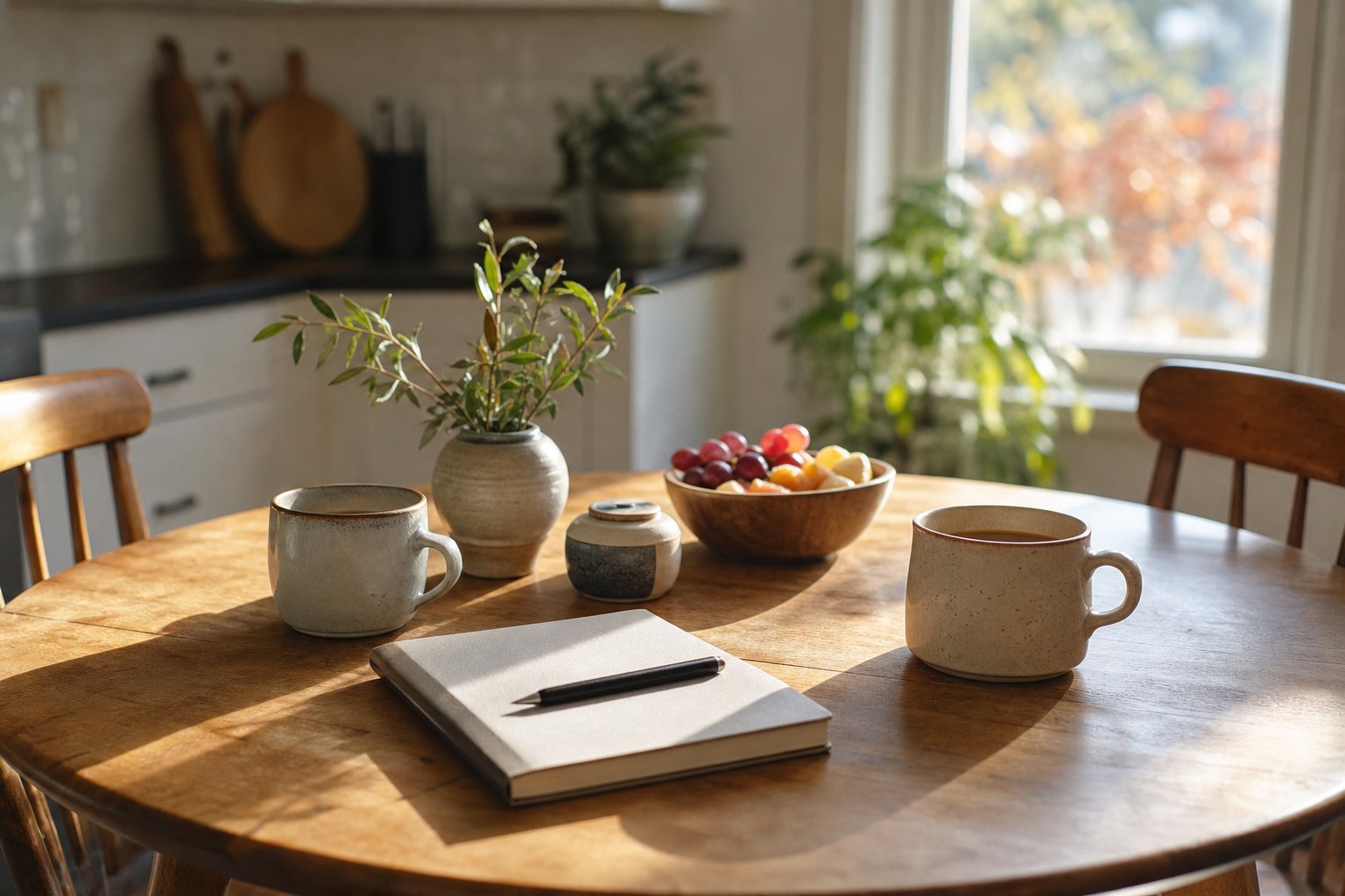 A kitchen table with two tea cups, a notebook, fruit, and late-afternoon light.