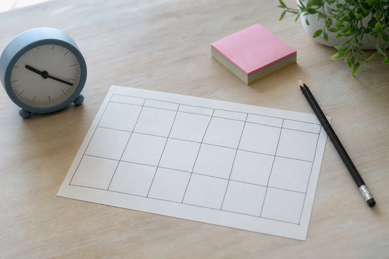 A blank weekly calendar, analog clock, pencil, and sticky notes on a light wood desk.