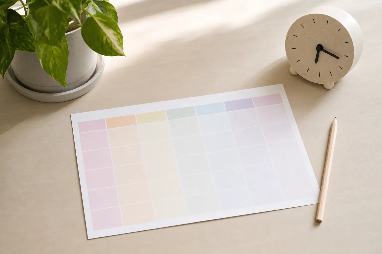 A blank color-block weekly planner beside a pencil, a simple clock, and a leafy plant.