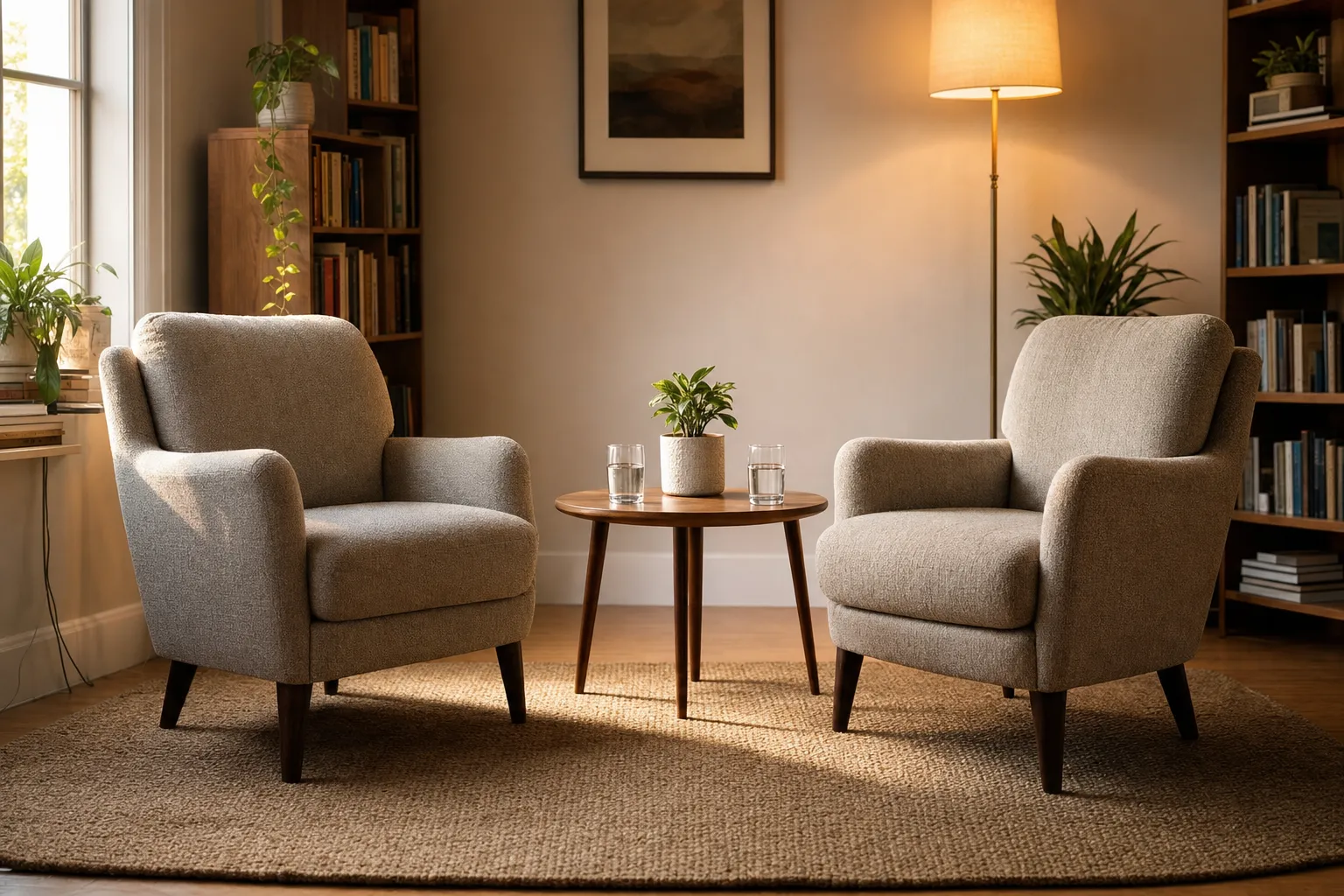 Two comfortable chairs facing each other with water glasses and a small plant on a table between them.