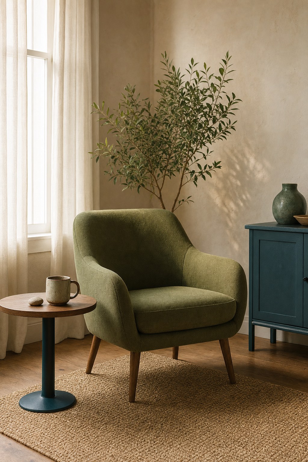 A calm therapy room with a green chair, plants, and natural light