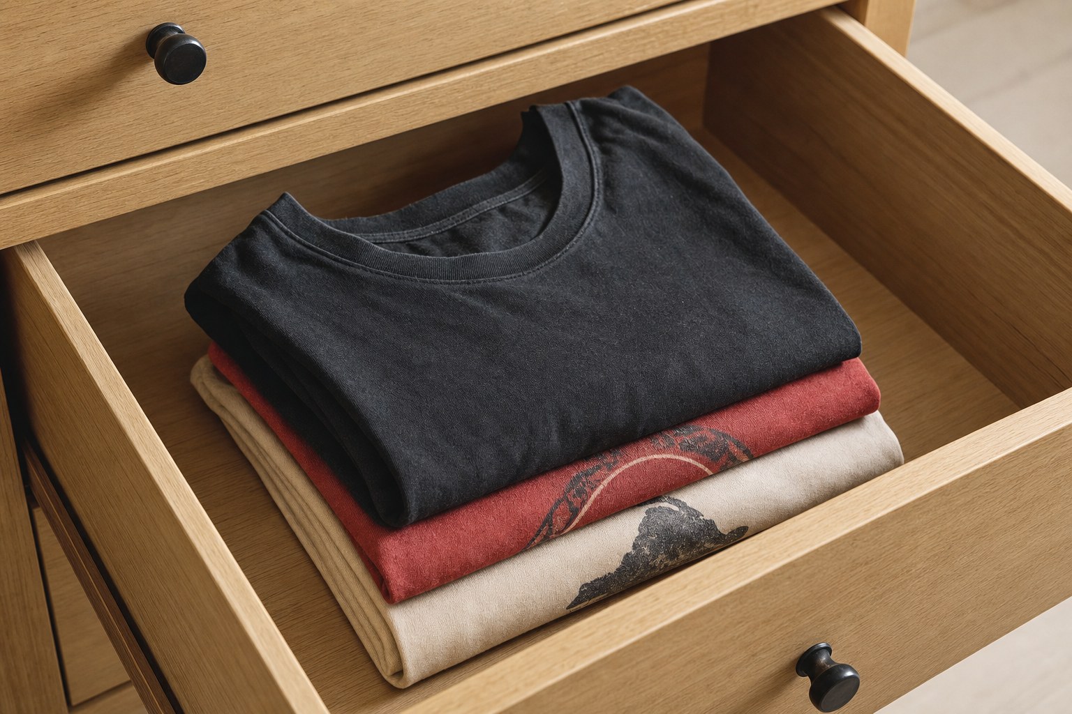 A stack of folded cotton T-shirts in a dry wooden drawer