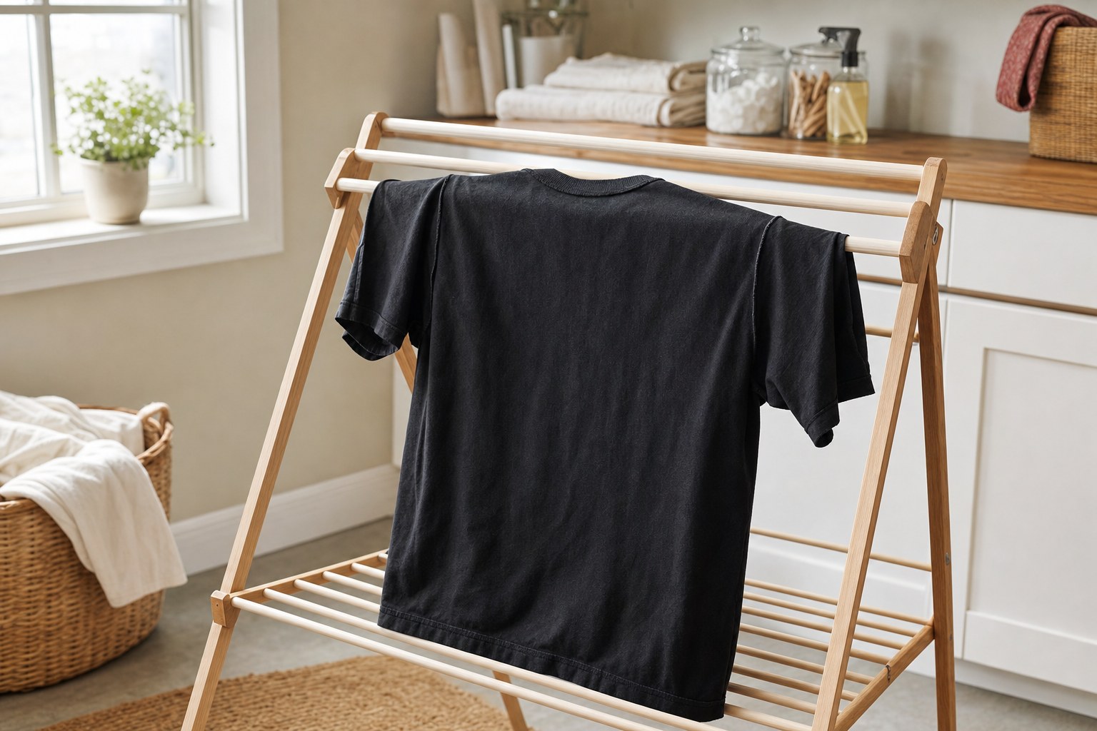 A black T-shirt drying on a wooden indoor rack in a bright laundry room