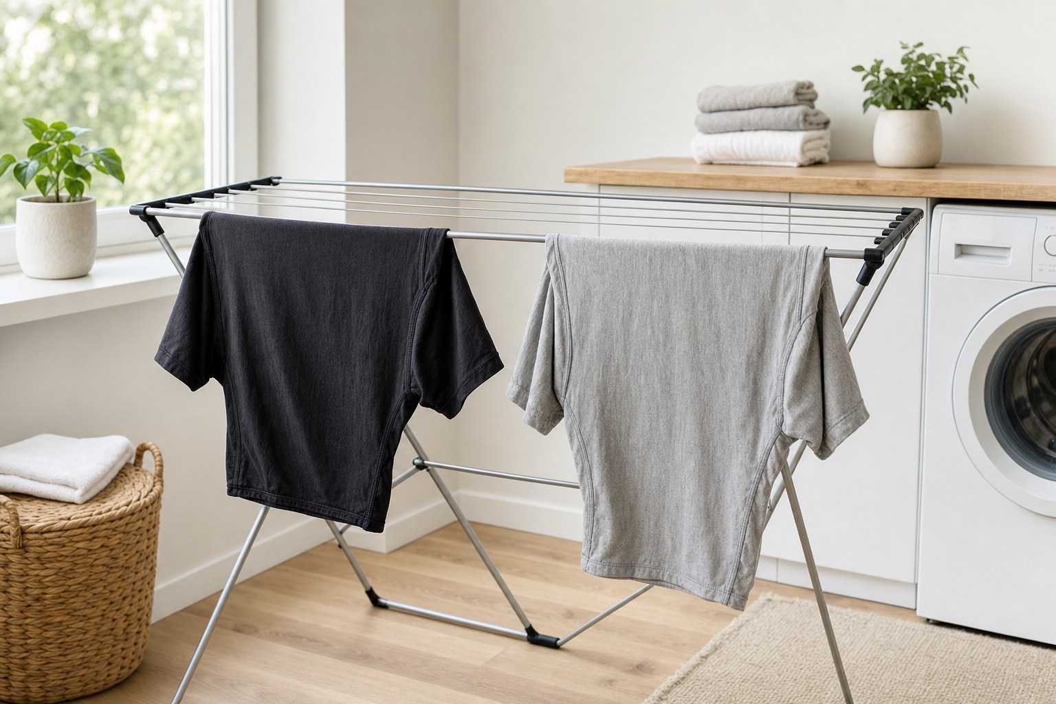 Black and gray T-shirts drying with space between them on an indoor rack