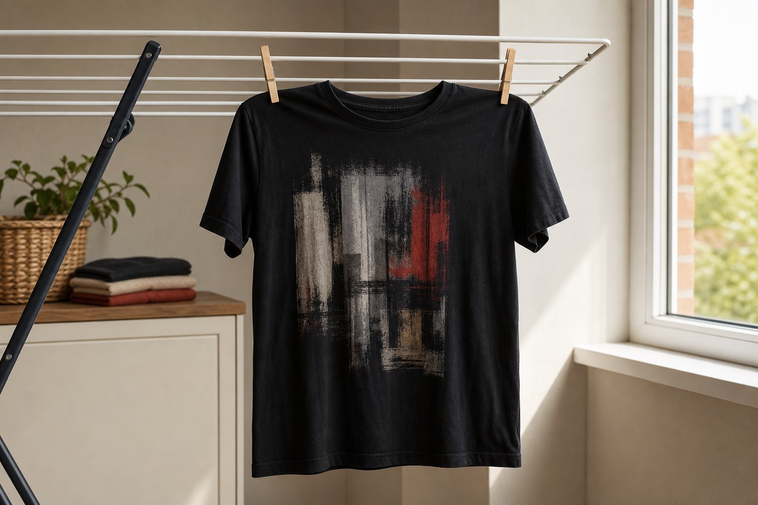 A black graphic T-shirt hanging on an indoor drying rack near a window