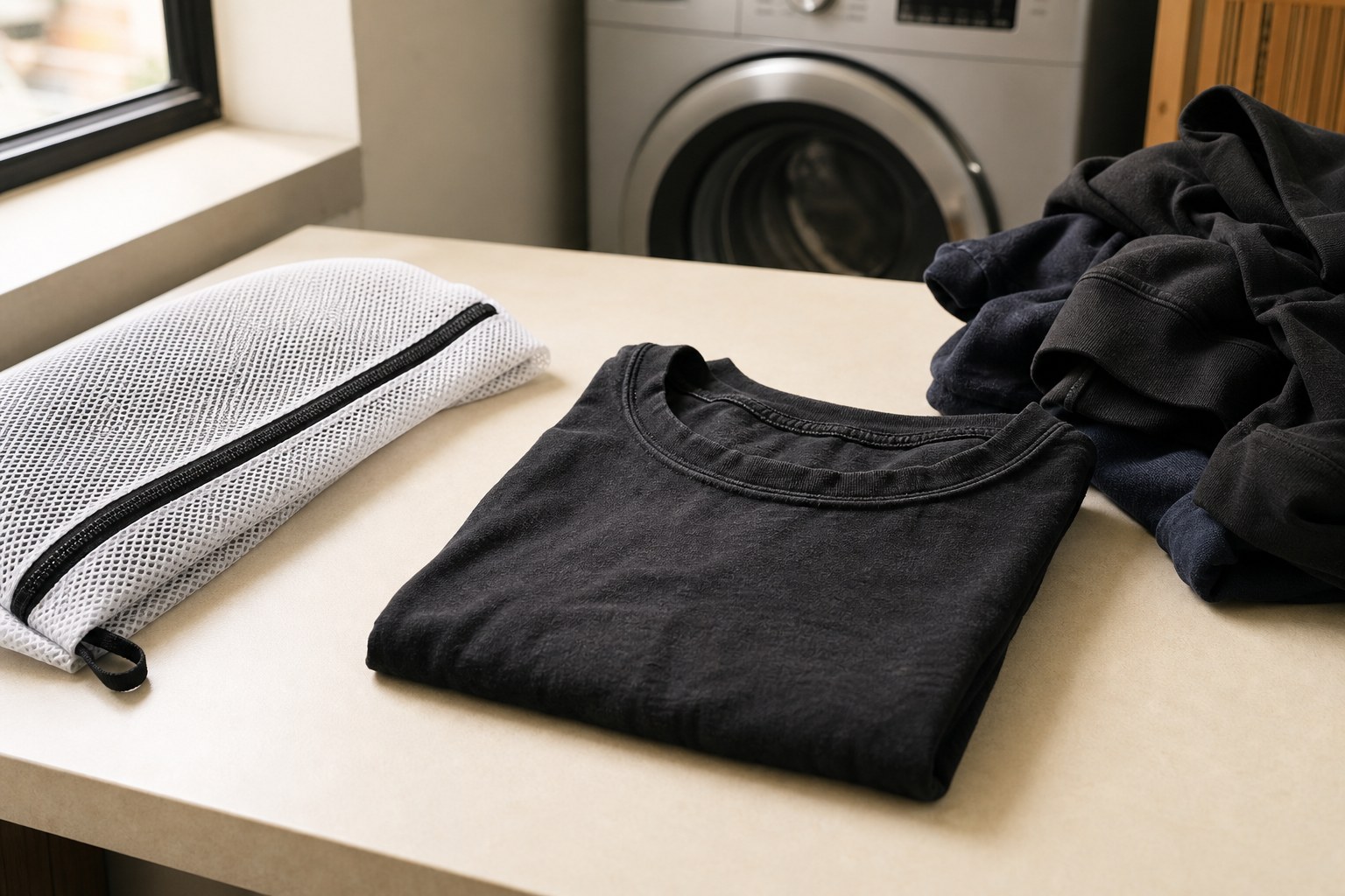 A black cotton T-shirt folded beside a mesh laundry bag