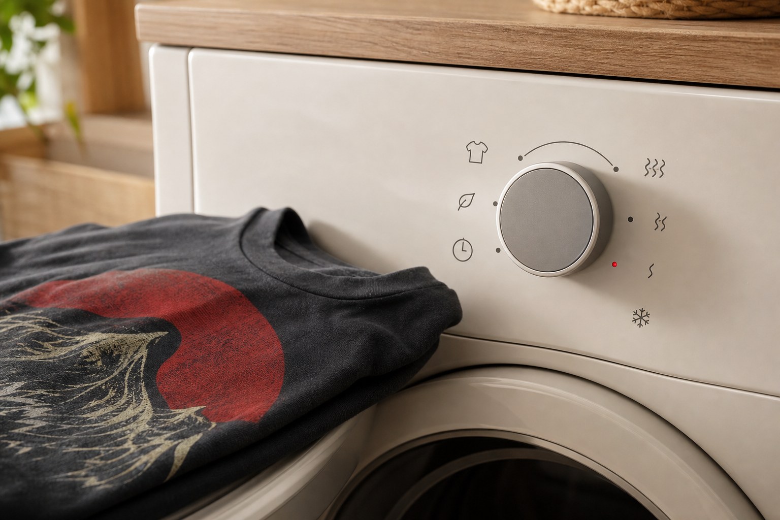 A cotton graphic T-shirt beside a dryer set to a gentle low-heat cycle