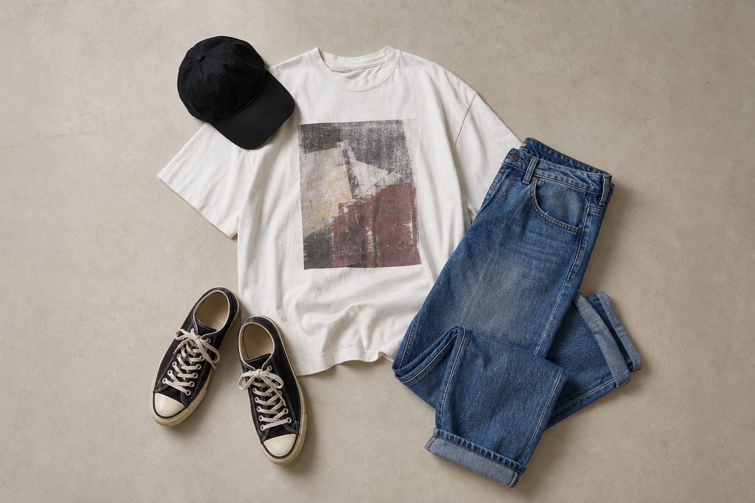 A white graphic tee styled with jeans, canvas sneakers, and a black cap