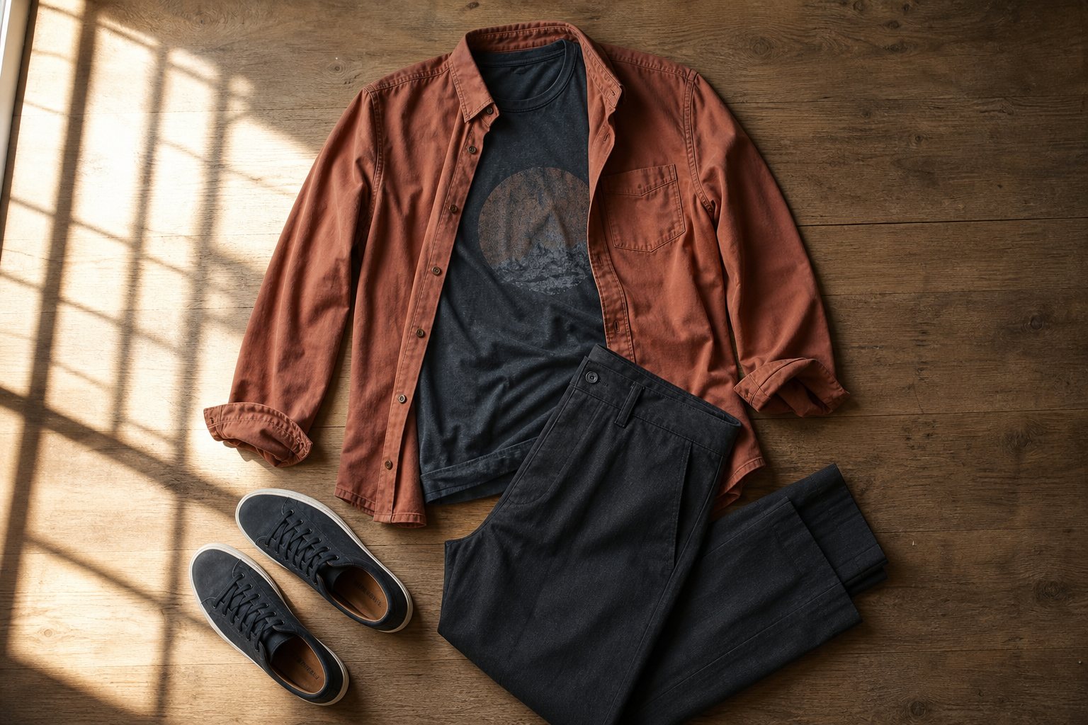 A charcoal graphic tee layered under a rust overshirt with dark trousers