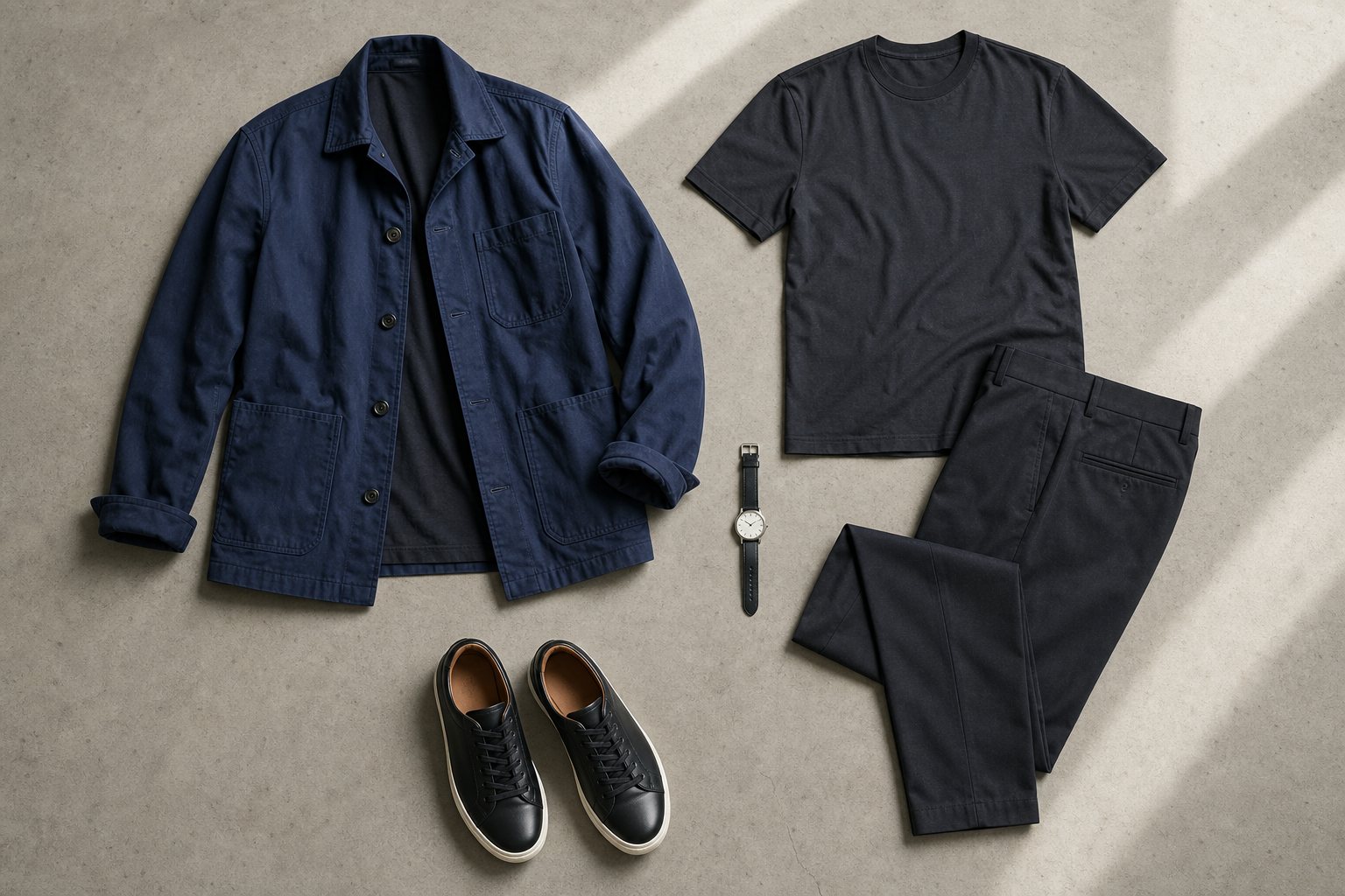 A dark T-shirt styled with a navy chore jacket, trousers, and leather sneakers