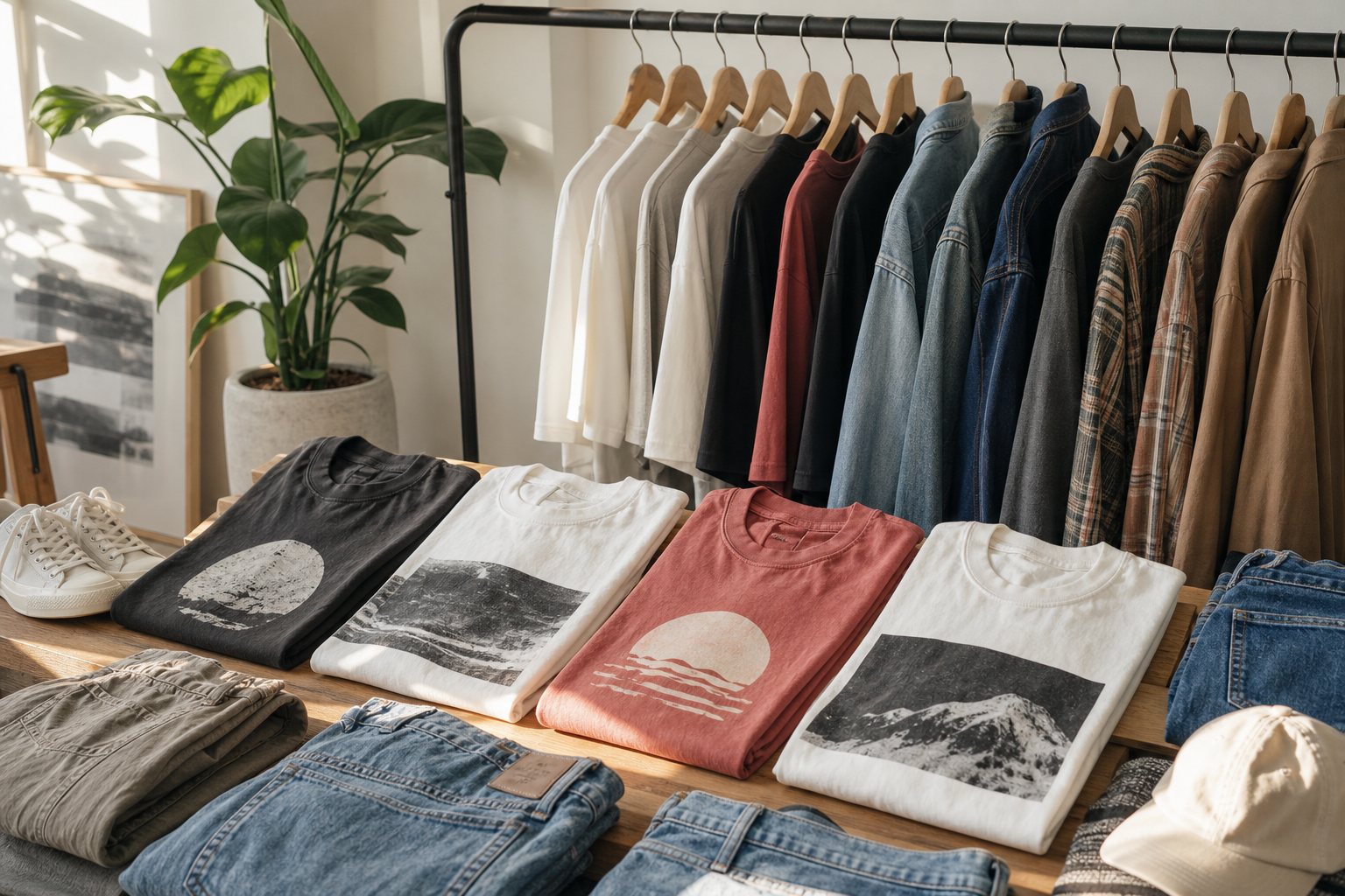 Graphic tees, denim, overshirts, and sneakers arranged in a sunlit studio