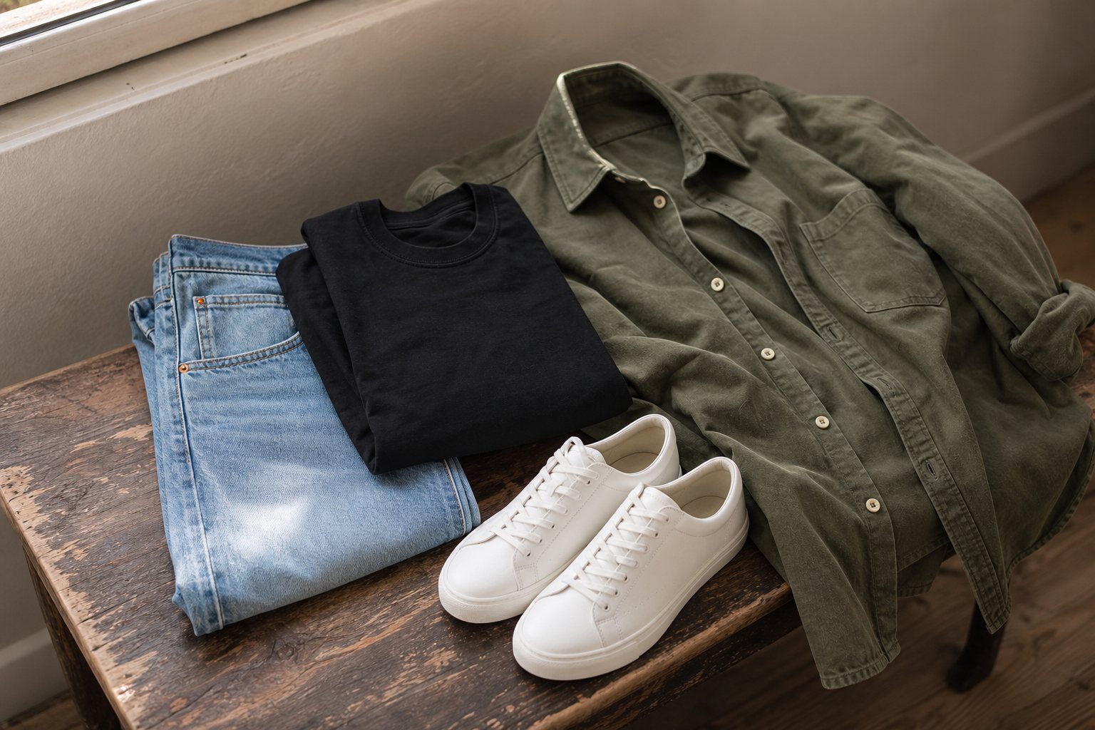 A black T-shirt styled with jeans, white sneakers, and an olive overshirt