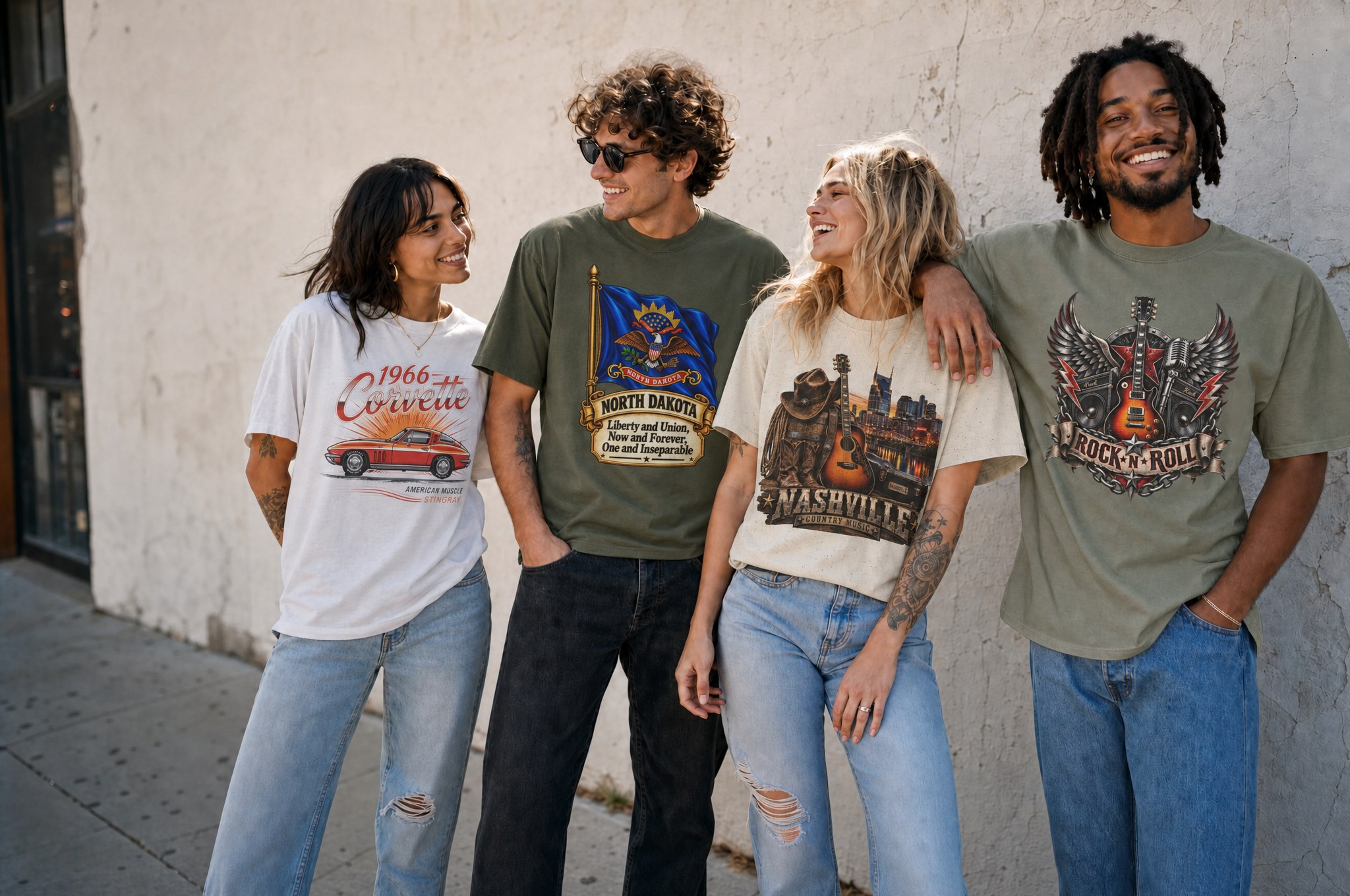 Four smiling young adults wearing graphic T-shirts together in warm sunlight