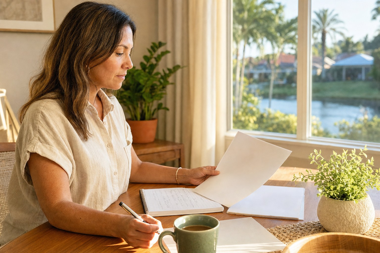 Woman calmly reviewing planning notes at a home table