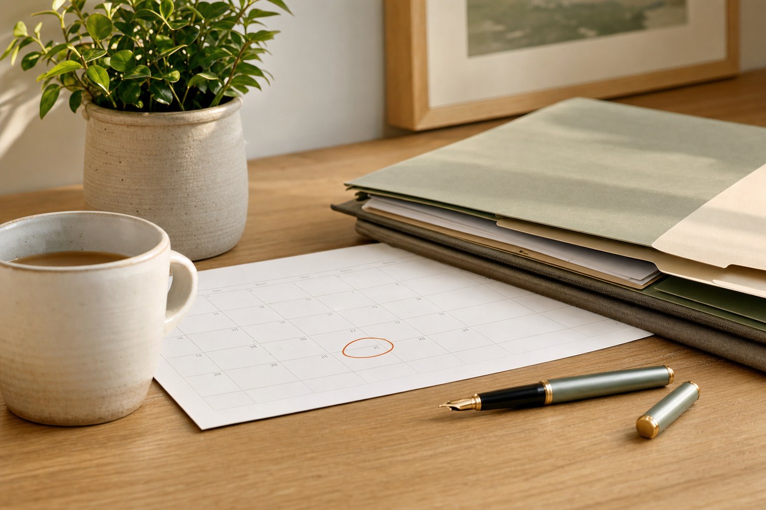 Organized planning materials on a sunlit wooden desk