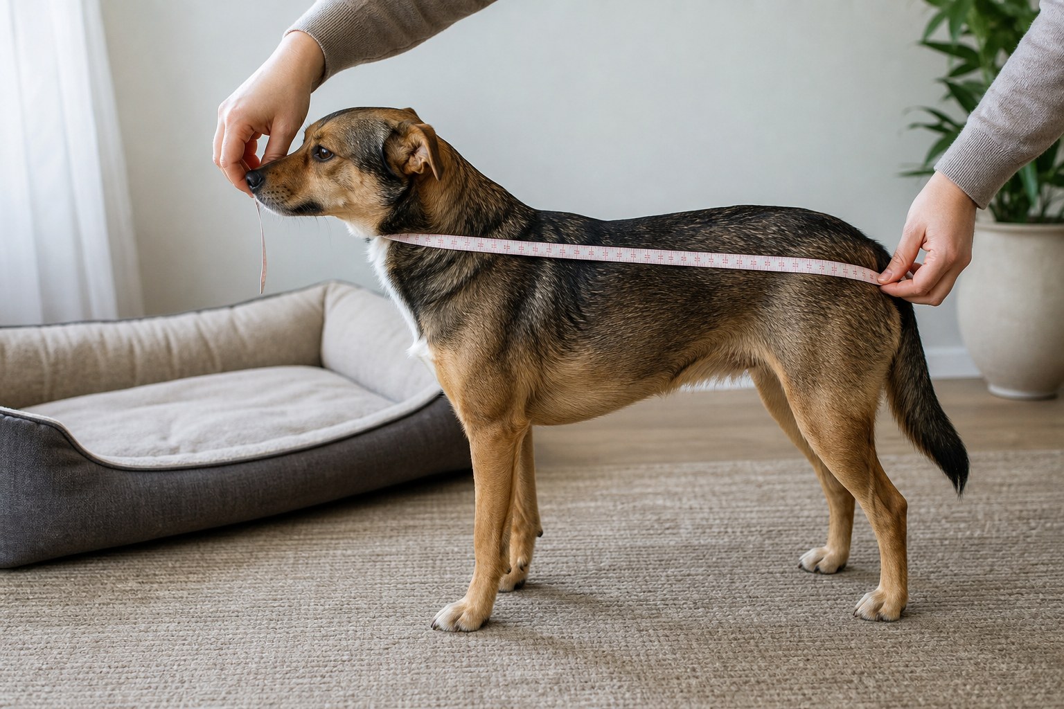 Owner measuring a standing dog before choosing a bed
