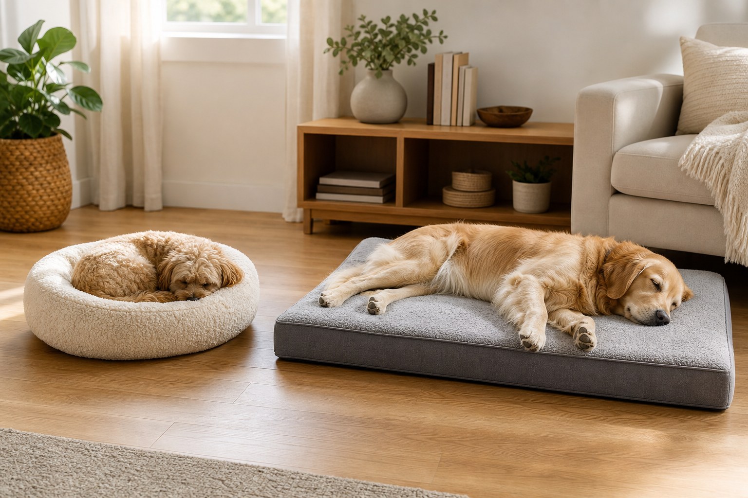 Curled small dog and stretched-out large dog sleeping on different bed shapes