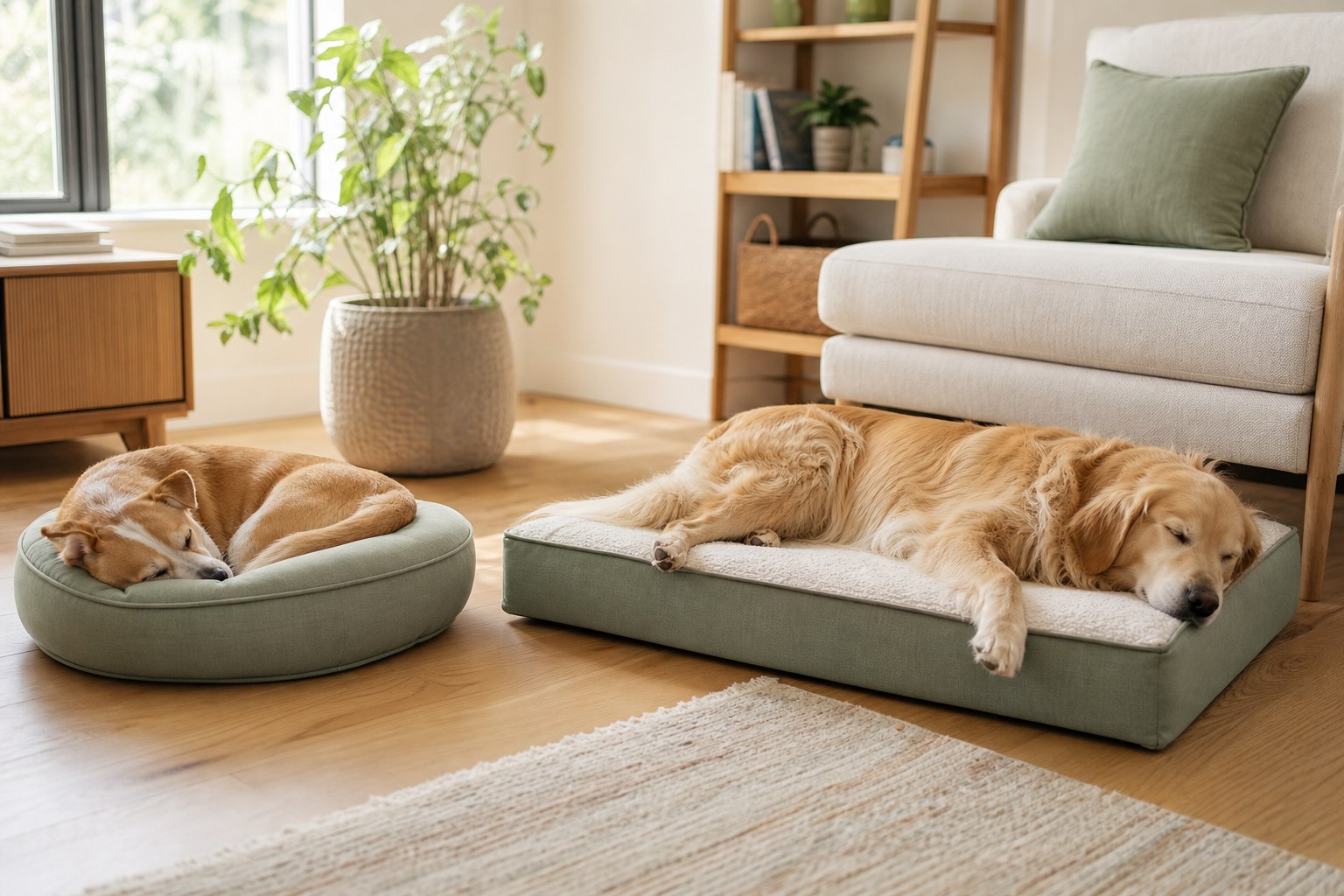 Two dogs resting in different beds in a sunlit living room
