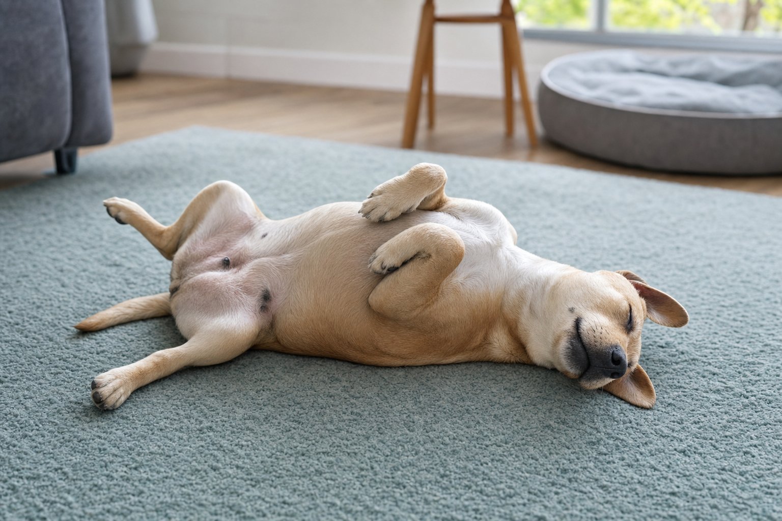 Dog sleeping belly-up on a rug