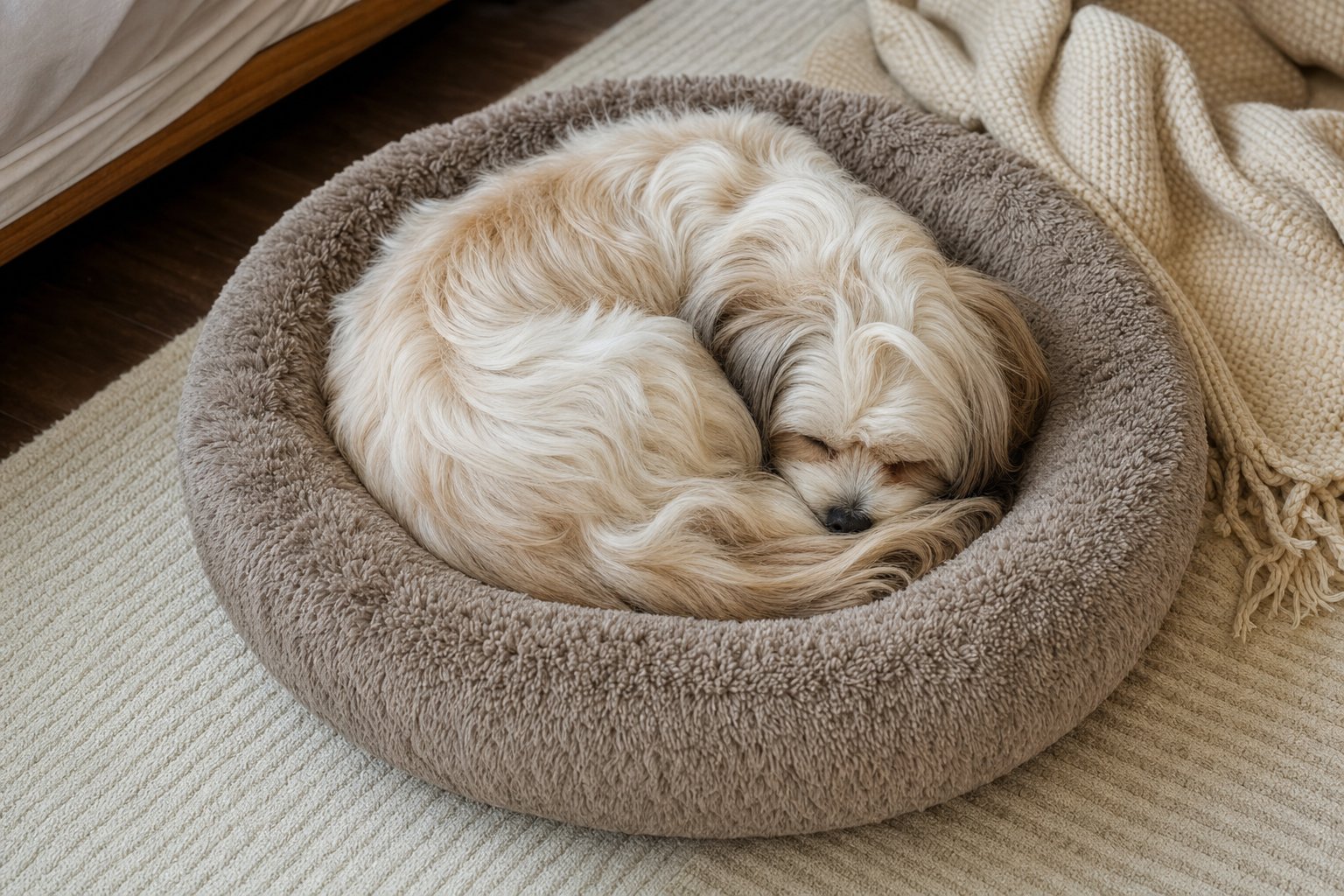 Small dog curled in a round bed