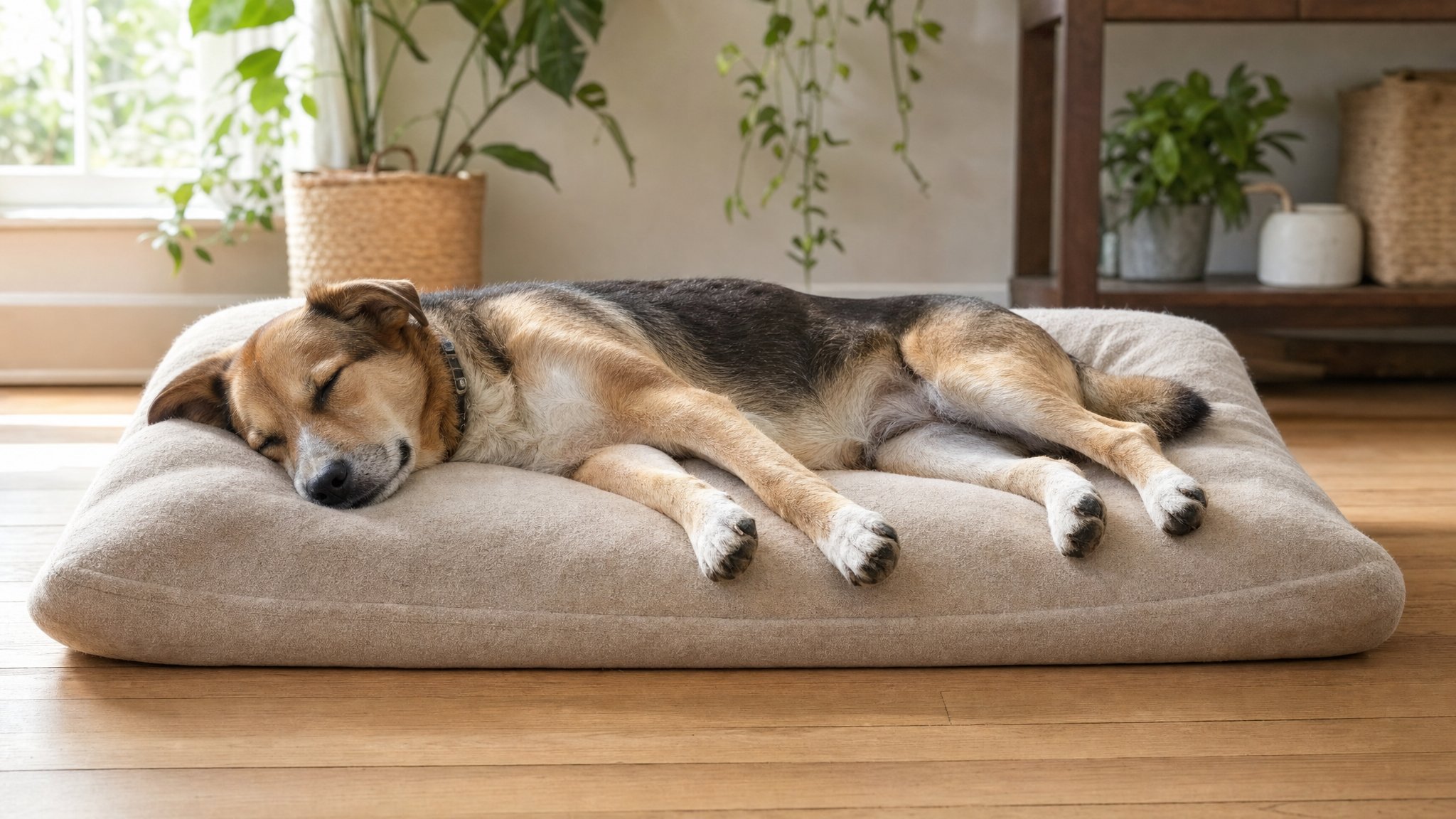 Dog sleeping on its side on a roomy bed in a sunlit living room