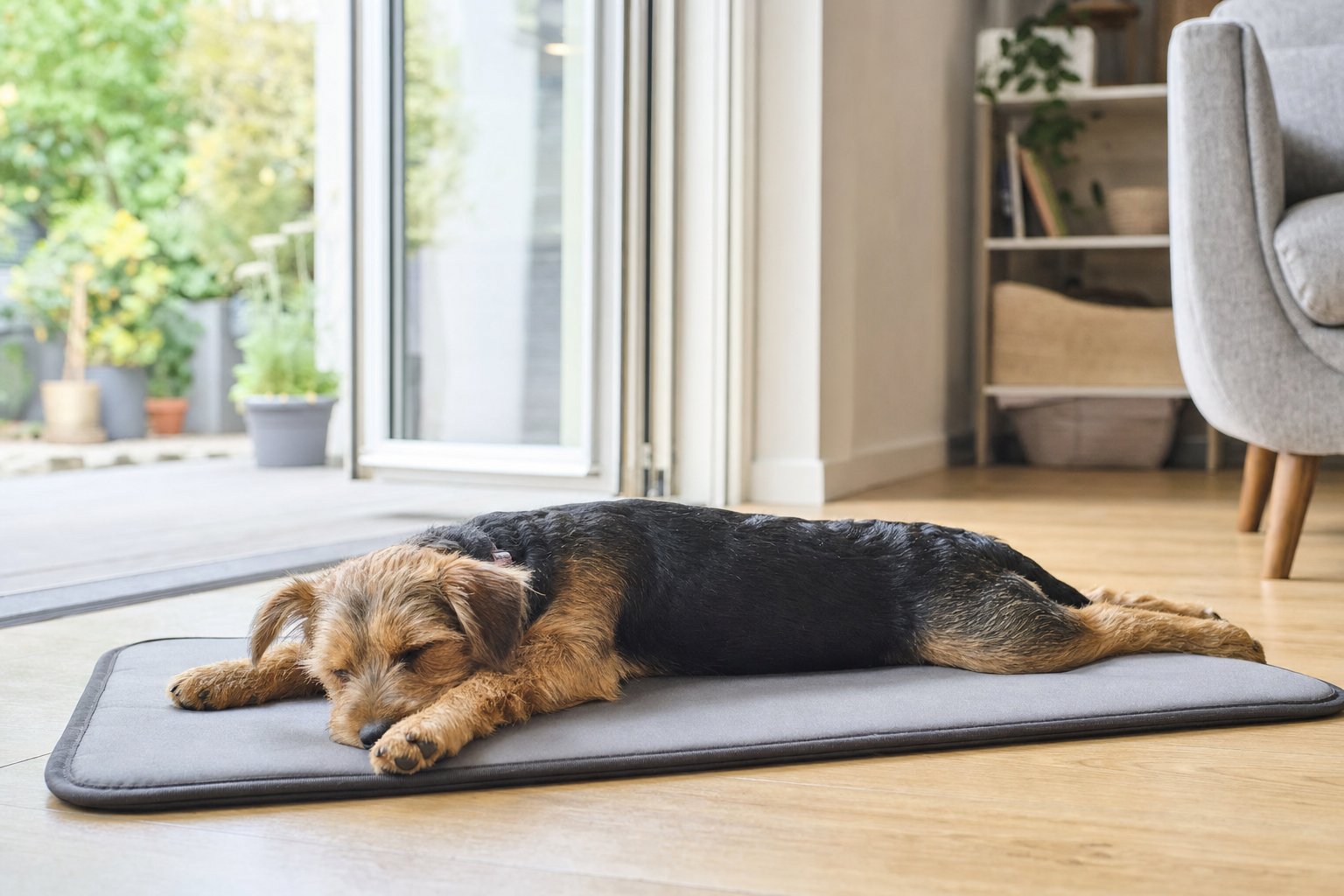 Dog sleeping with its legs stretched out on a flat mat
