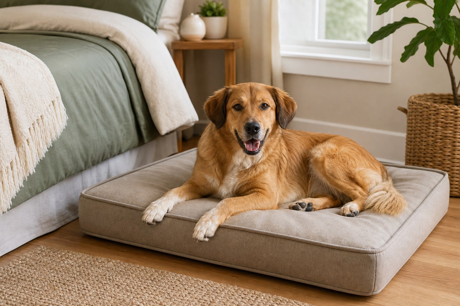 Dog resting on a rectangular bed beside a bedroom